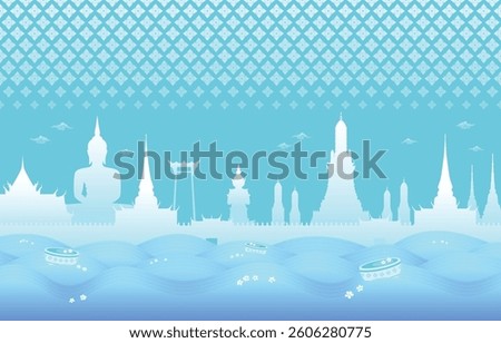 Songkran Thailand. Songkran pattern. Songkran background. Brochure, banner, event, Bangkok, Thai, gun, flower, landmark, traditional, water, promotion, blue, wet, cup, card, cityscape, building.  