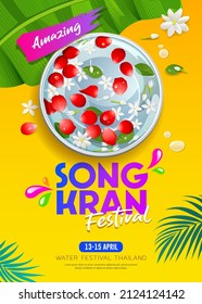 Songkran thailand, rose petals and jasmine in water bowl with coconut leaf, banana leaf, poster design on yellow background, EPS 10, vector illustration