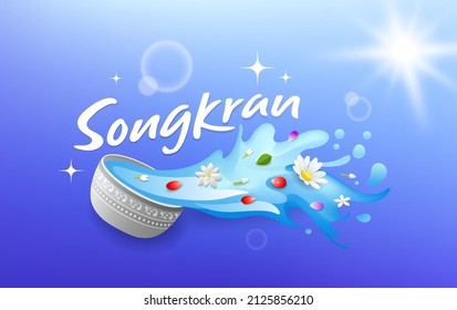 Songkran Thailand, Thai Flowers In A Water Bowl Water Splashing, On Blue Background, EPS 10 Vector Illustration
