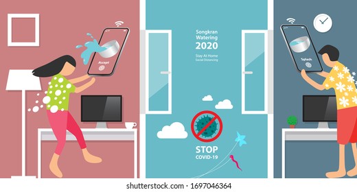 SONGKRAN, Thailand Water Festival 2020, year of COVID-19 which people should stay at home and practice social distancing to stop the outbreak, smartphone with splash system, smart technology concept.