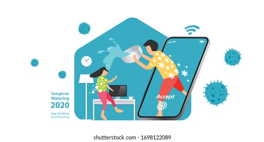 SONGKRAN, Thailand Water Festival 2020, year of COVID-19 which people should stay at home and practice social distancing to stop the outbreak, smartphone with splash system, smart technology concept.