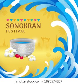 Songkran Thailand water festival banner.Water splash waves frame and copyspace with silhouette Thai landmarks, buddha and water bowl, flowers vector illustration.