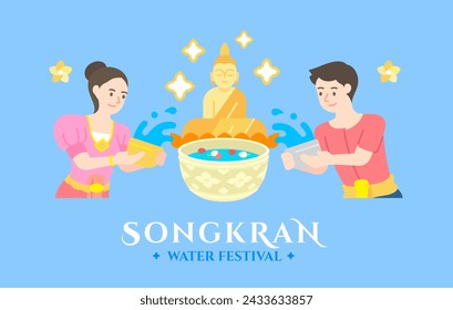 Songkran Thailand Wasserfestival Feier. Menschen Mann und Frau Spritzen Wasser und Buddha Statue Gießen Wasser Zeremonie flachen Stil Vektor-Illustration