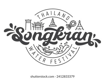 Songkran thailand water festival logotype design with linear icon of thai symbolic : buddha,temple,flower garland,pagoda,giant swing and water splashing, in round ornament for badge, decoration, etc.