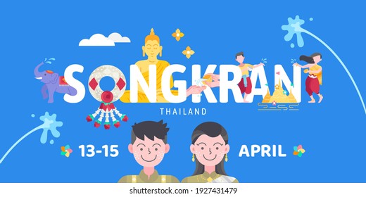 Songkran Tailandia Celebración del festival de salpicaduras de agua, ilustración vectorial. Diseño plano. Hombre y mujer jugando al salpicón de agua en el budismo de año nuevo tradicional.