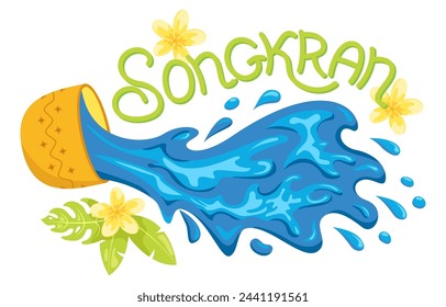 Songkran water festival. Blue water splashes out of a golden bowl with lettering design. Thailand New Year's day. Horizontal banner design for invitation, card, flyer, brochure, web for event