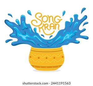 Festival de agua Songkran en Tailandia. El agua azul salpica de un tazón dorado con diseño de letras. Día de Año Nuevo tailandés. Ilustración vectorial para invitación, tarjeta, web, flyer, folleto, póster para evento