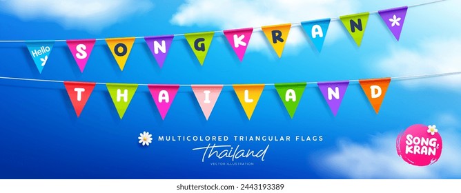 Songkran water festival thailand, colorful triangular flags, collections banner design on cloud and sky blue background, EPS 10 vector illustration
