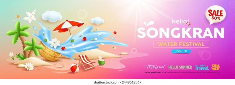 Songkran water festival thailand sale, colorful flowers in a water bowl water splashing, tropical coconut tree, pile of sand on sand beach, banner design colorful background, EPS 10 Vector