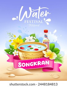 Songkran water festival thailand, summer holiday fun, poster flyer design on sand beach and purple background, Eps 10 vector illustration
