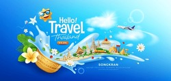 Songkran Festival De Agua De Viaje De Tailandia, Flores En Un Tazón De Agua Salpicaduras De Agua, Tailandia Arquitectura De Turismo, Diseño De Banner En La Nube Y El Fondo Azul Cielo, EPS 10 Ilustración Vectorial