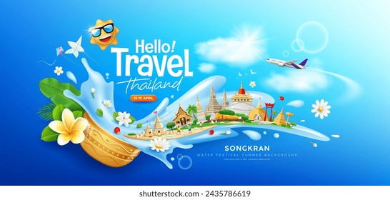 Songkran water festival travel thailand, flowers in a water bowl water splashing, Thailand tourism architecture, banner design on cloud and sky blue background, EPS 10 vector illustration