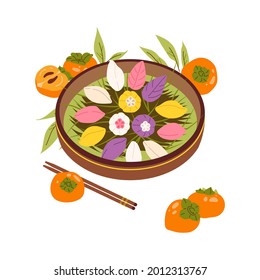 Songpyeon for Korean Chuseok. Pine cakes Mid Autumn festival. Rice cake shaped crescents on platter with food sticks and persimmon fruits with leaves for Thanksgiving Day. Isolated vector illustration