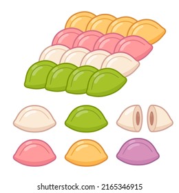 Songpyeon, traditional Korean rice cakes with sweet filling. Set of different colors, cross section. Cute cartoon vector illustration.