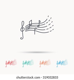 Songs for kids icon. Musical notes, melody sign. G-clef symbol. Linear icons on white background. Vector