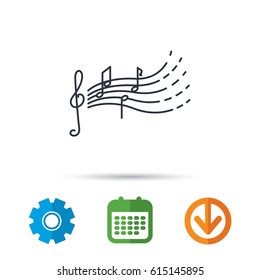 Songs for kids icon. Musical notes, melody sign. G-clef symbol. Calendar, cogwheel and download arrow signs. Colored flat web icons. Vector