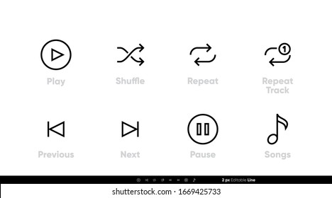 Songs and Music Control UI icons. Play, Shuffle, Repeat Track, Next, Previous and Pause vector set. Editable line vector on white background