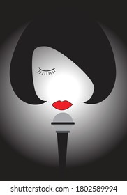 songstress stylized portrait with a short bob cut and microphone isolated on black background
