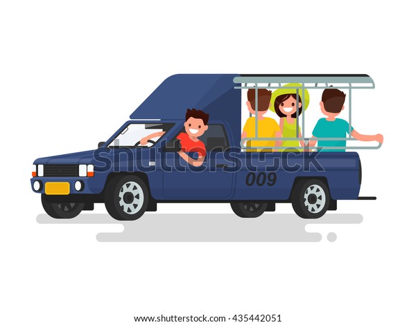 Songteo or tuk tuk taxi with passengers. Vector\
illustration of a flat\
design