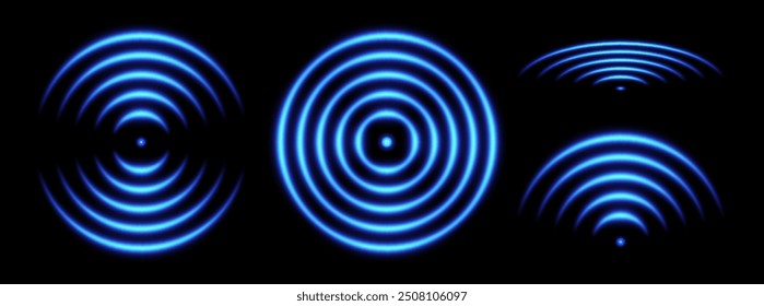 Sonic wave light effect, wireless network signal icons, glowing scanning concept. Sensor or echo neon effects. Vector illustration.