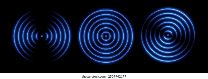 Sonic wave light effect, wireless network signal icons, glowing scanning concept. Sensor or echo neon effects. Vector illustration.