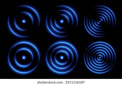 Sonic wave light effect, wireless network signal icons, glowing scanning concept. Sensor or echo neon effects. Vector illustration.