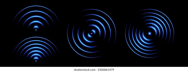 Sonic waves, WiFi signal glowing elements, radar sensor light effects, round wireless network neon symbols. Vector illustration.