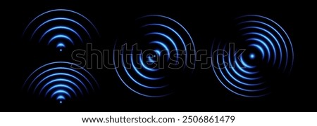 Sonic waves, WiFi signal glowing elements, radar sensor light effects, round wireless network neon symbols. Vector illustration.