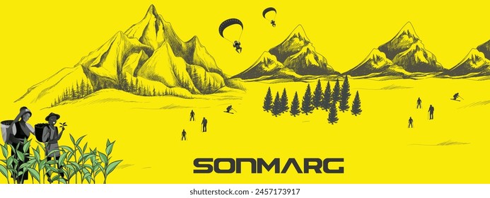 Sonmarg in Kashmir, India, is renowned for its stunning natural beauty, especially its snow-capped peaks and lush landscapes. Beautiful natural illustration.