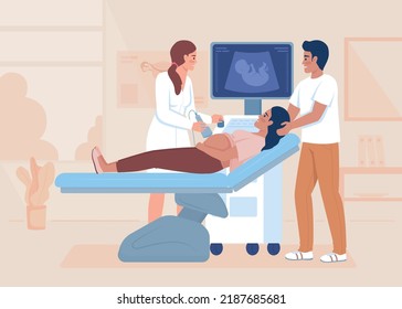 Sonograma de la mujer embarazada a color plano ilustración vectorial. Médico de visita familiar. Análisis de ultrasonido. Atención prenatal. Personajes de dibujos animados 2D simples y totalmente editables con el hospital en segundo plano