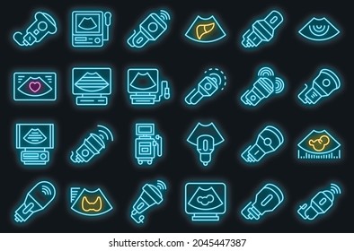 Sonograph icons set. Outline set of sonograph vector icons neon color on black