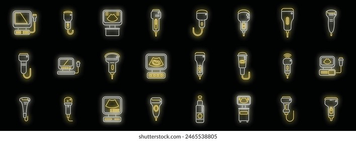 Iconos de la sonografía establecen el Vector de contorno. Dispositivo clínico. Diagnóstico médico color neón sobre negro