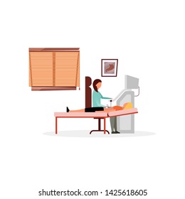 Sonographer examining patient flat vector illustration. Doctor, therapist doing diagnostic abdominal ultrasound procedure, ultrasonography. Gastroenterologist diagnosing cartoon character