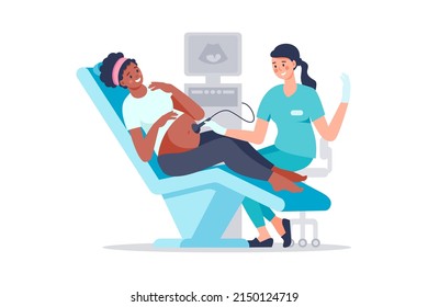 Sonographer Scanning And Examining Black Woman Pregnant In Hospital Medical Office. Examination During Pregnancy. Concept Of Medicine Ultrasound Scan. Happy Future Mother At Medical Checkup.