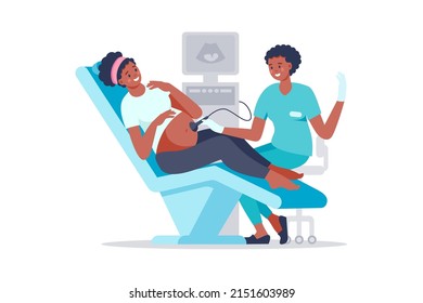 Sonographer Scanning And Examining Black Woman Pregnant In Hospital Medical Office. Examination During Pregnancy. Concept Of Medicine Ultrasound Scan. Happy Future Mother At Medical Checkup.