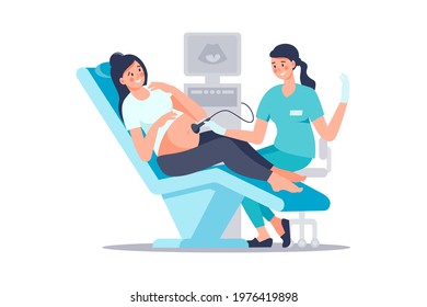 Sonographer scanning and examining pregnant woman in hospital medical office. Examination during pregnancy. Concept of medicine ultrasound scan. Happy future mother at medical checkup.