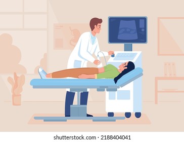 Investigación sonográfica de la ilustración vectorial plana del abdomen del paciente. Equipo de examen profesional. Personajes de dibujos animados 2D totalmente editables con oficina clínica en segundo plano