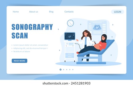 Sonographie-Scan. Vorlage der Zielseite. Ärztin führt Föten-Screening bei der zukünftigen Mutter durch. Schwangeres arabisches Mädchen mit Bauch, das Ultraschall diagnostiziert. Gesundheit von Embryonen. In: Cartoon Vektorillustration.
