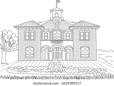 Ilustração da arte da linha da Prefeitura de Sonoma em Sonoma Plaza, Califórnia, Ilustração detalhada da arte da linha do histórico edifício da Prefeitura de Sonoma situado em Sonoma Plaza, Califórnia. O desenho