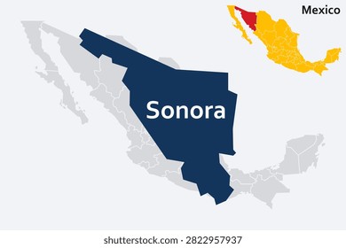 Sonora Map - Northwestern Mexican State, Gulf of California Coast and US Border Region Vector.
