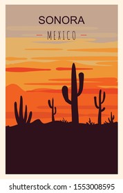 Sonora retro poster. Sonora travel illustration. States of Mexico greeting card. 