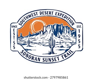 sonoran, desert, vector, western, landscape, saguaro, cactus, graphic, southwest, outdoor, adventure, tshirt, design, print, art