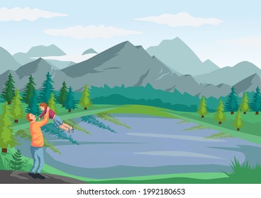 Son's joy with father. illustration of a father holding a child on the background of an adventure landscape, lake, forest, and mountains. Happy father's day concept. Family in nature in the morning.