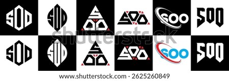 SOO letter logo design in six style. SOO polygon, circle, triangle, hexagon, flat and simple style with black and white color variation letter logo set in one artboard. SOO minimalist and classic logo