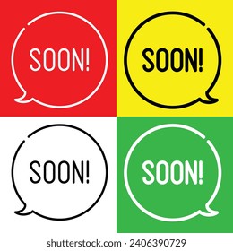 Soon, Coming soon Icon, Lineal style icon, from Work in Progress icons collection, isolated on Red, Yellow, White and Green Background.