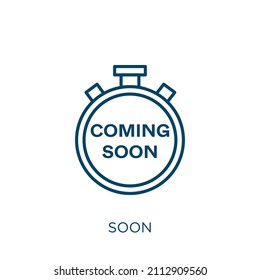 pronto. Icono de contorno lineal delgado en breve aislado en fondo blanco. Signo de vector de línea pronto, símbolo para web y móvil