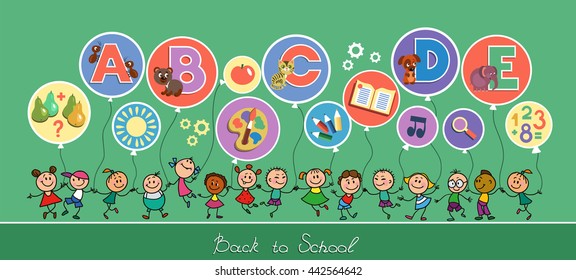 Soon the school. Back to School. Vector sketches with happy children. Prospective students holding balloons in the form of icons of primary education.