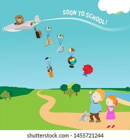 Soon to school, preparing school supplies, vector image