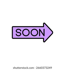 SOON-Textsymbol mit Richtungspfeil in violetter Theme-Vektorgrafik