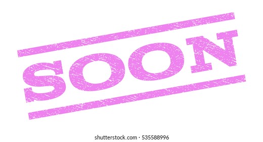 Soon watermark stamp. Text tag between parallel lines with grunge design style. Rubber seal stamp with dust texture. Vector violet color ink imprint on a white background.